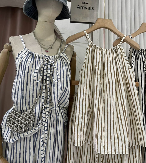 Women Stripes Drawstring Tie Tops With Trousers sets
